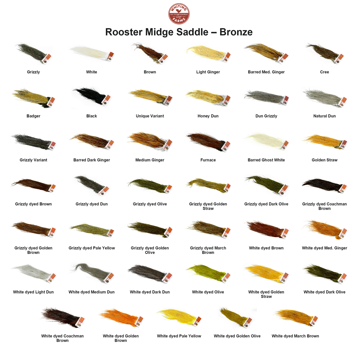 Farveoversigt – Whiting Rooster Midge Saddle – Bronze