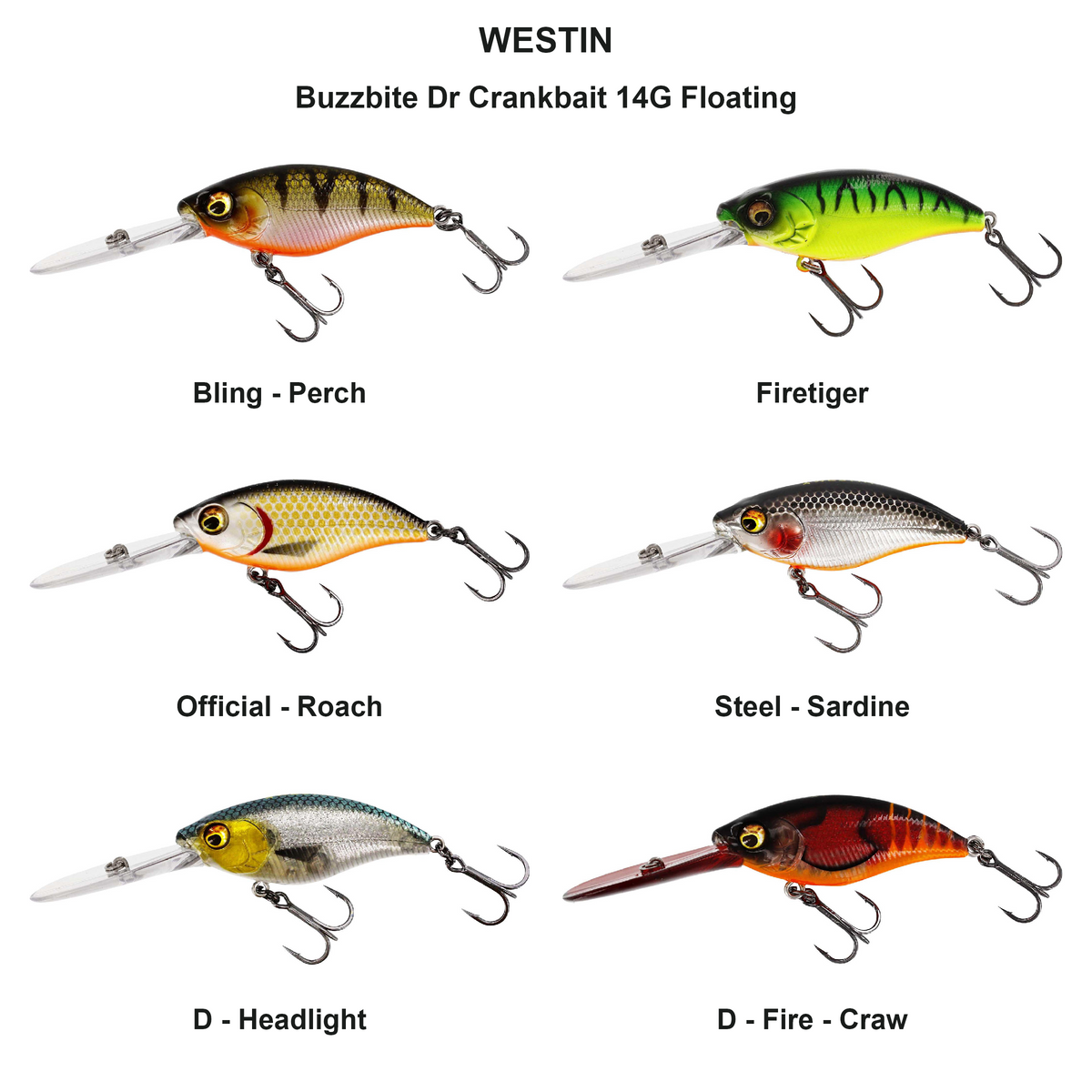 Farveoversigt – Buzzbite Dr Crankbait 14G Floating