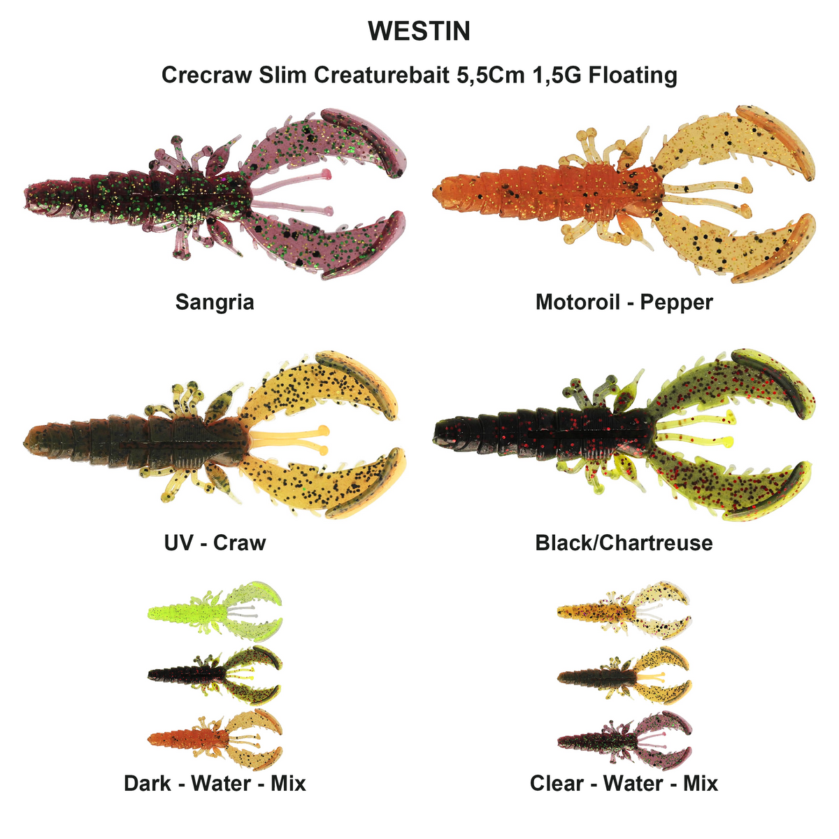 Farveoversigt – Crecraw Slim Creaturebait 5,5Cm 1,5G Floating