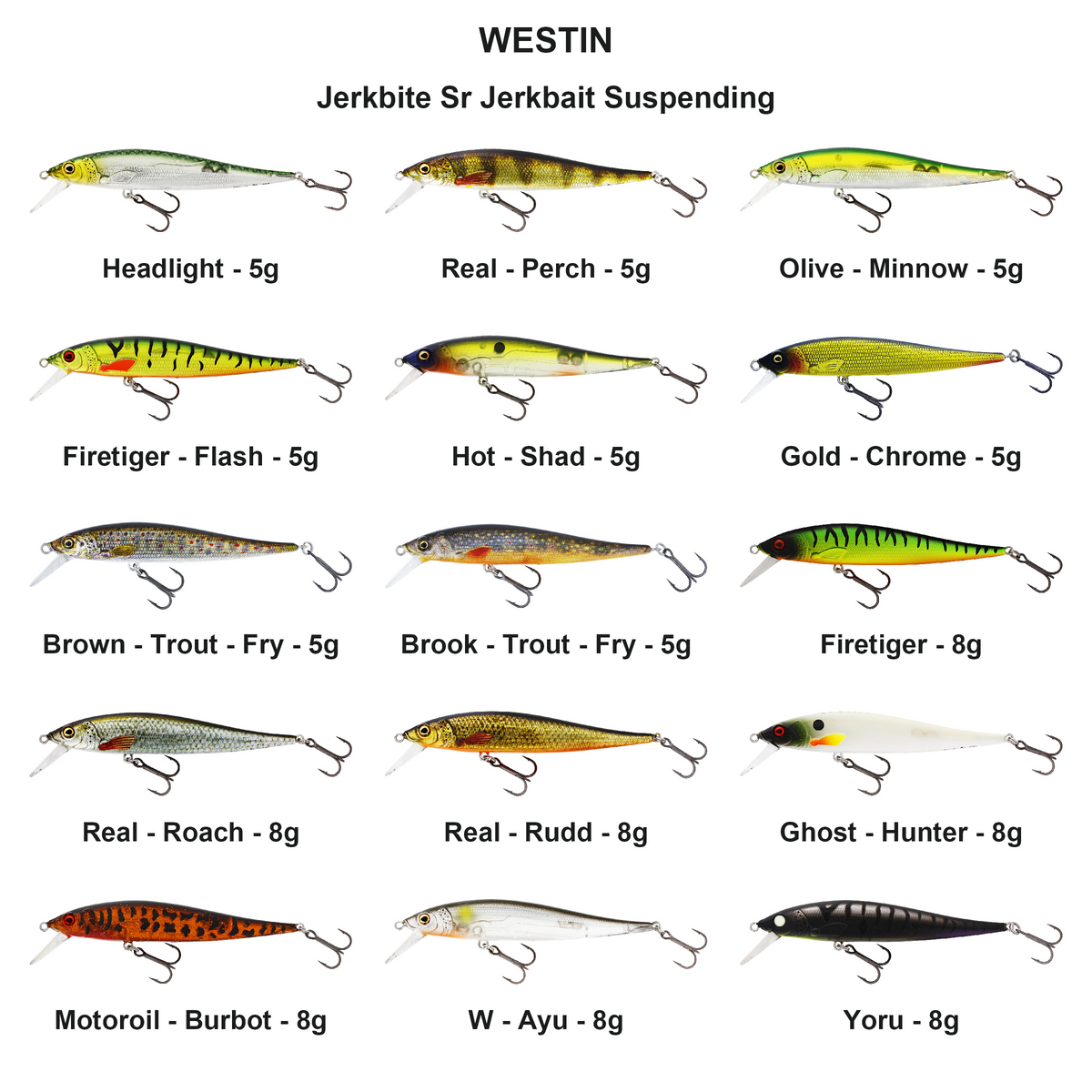 Farveoversigt – Jerkbite Sr Jerkbait Suspending