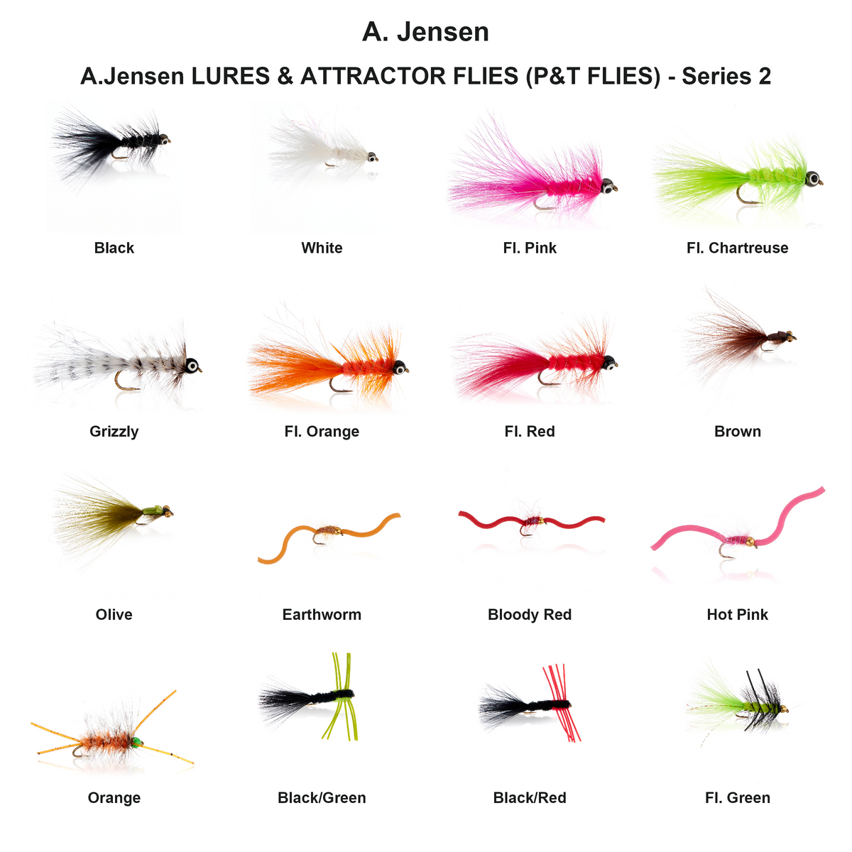 Farveoversigt – A.Jensen LURES & ATTRACTOR FLIES (P&T FLIES) - Series 2