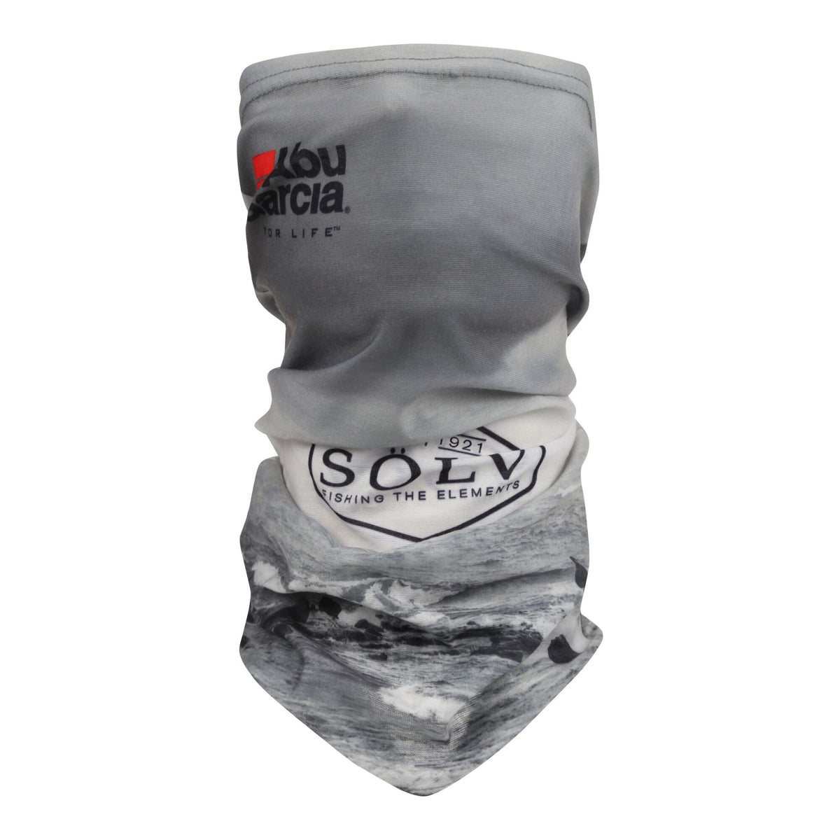 Abu Garcia Sölv Neckwarmer with a grey pattern and logos.