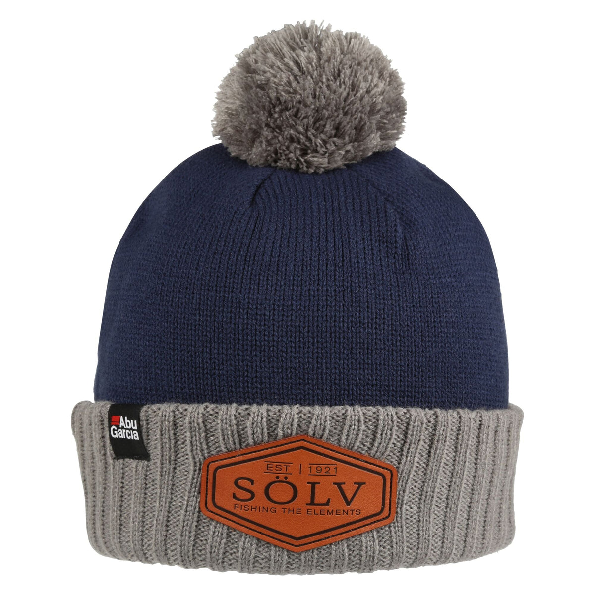Abu Garcia Sölv Beany with a navy blue top, light-coloured turn-up, pom-pom and Sölv logo at the front.
